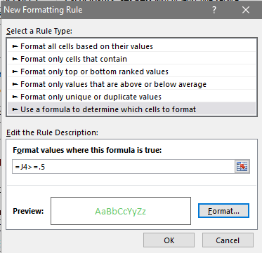This rule description box shows us that we can choose which cells to format.