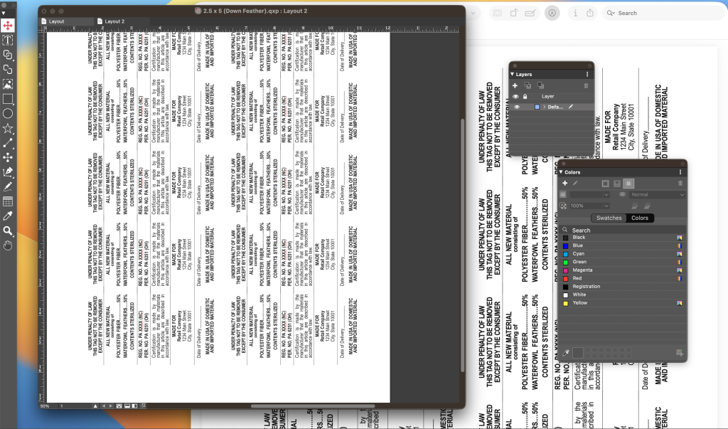 Print production layout sheet showing multiple law labels formatted with bleed lines and cut marks for press