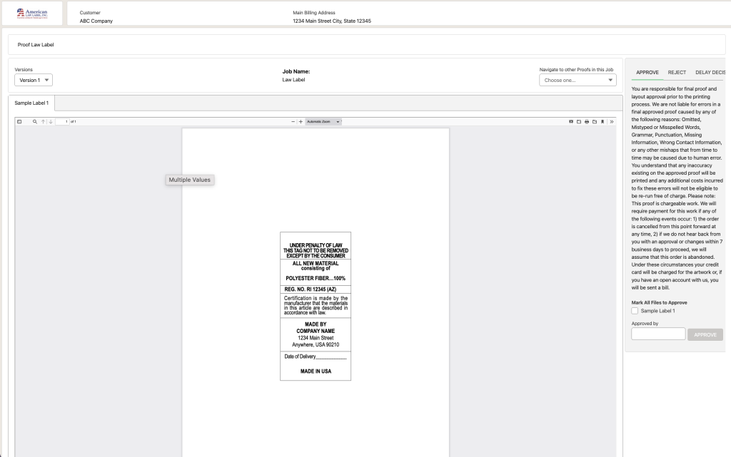 Digital label proofing software interface showing a law label design with artwork approval and revision request options