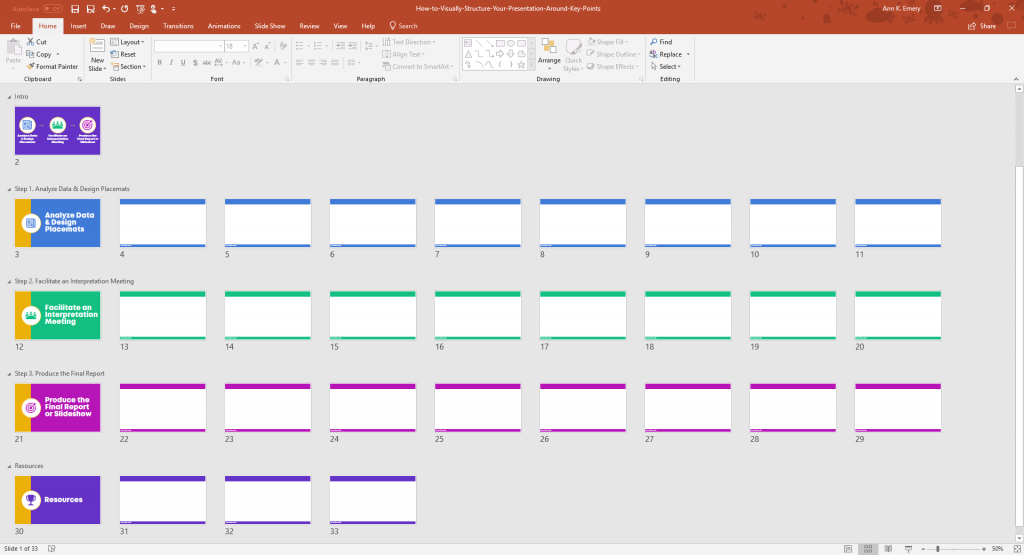 This is a great way to help your webinar attendees follow along with your key points. You simply introduce the ~three topics early... and then choose a different color for each of those topics (blue, green, and fuschia)... and then make the headers and footers of each slide in a different color.