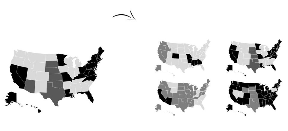 Example of a small multiples chart using outlines of the United States.