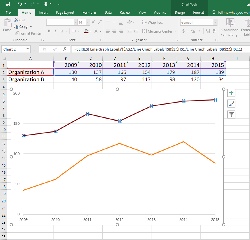 Click anywhere along the line, just once, and you'll see little circles on top of each data point.