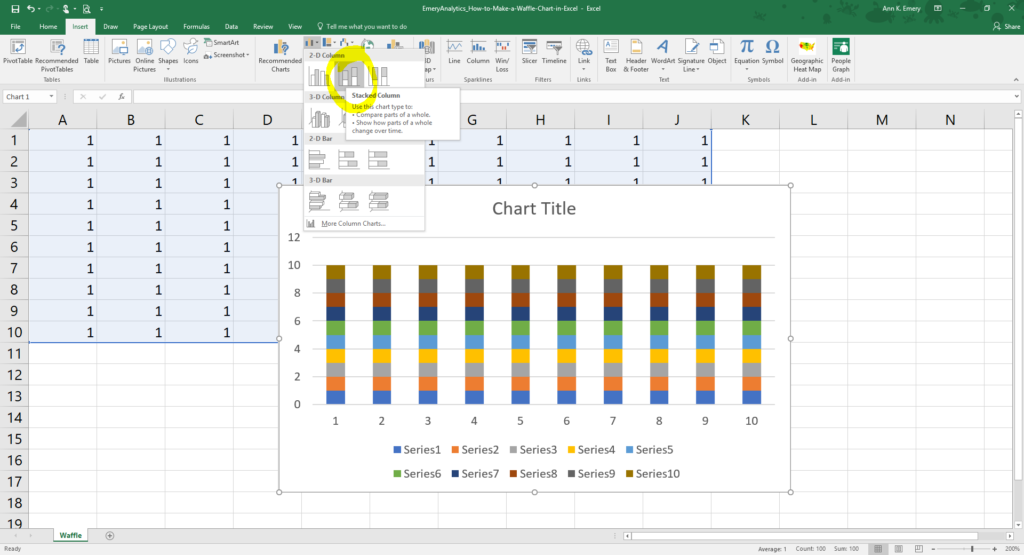 Then, highlight your 1’s, go to the Insert tab, and select a 2D stacked bar chart. 