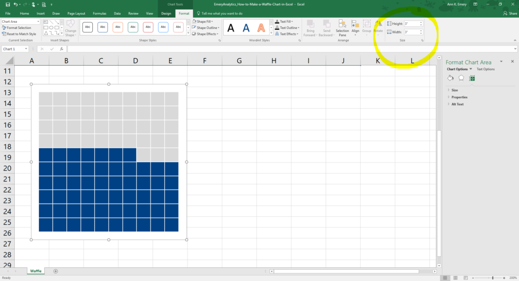 Finally, make sure your graph is a square (not a rectangle). No eyeballing. Activate your graph by clicking on the outside border. Then, go to the Format tab and look for the Size section. In this example, I set my chart to be 3 inches by 3 inches. This is a nice size for Word documents. You could place two 3-by-3 waffle charts beside each other on the paper.