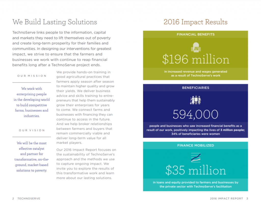 TechnoServe reported on three categories: financial benefits, beneficiaries, and finance mobilized. We introduced these terms, definitions, colors, and icons on the first spread.