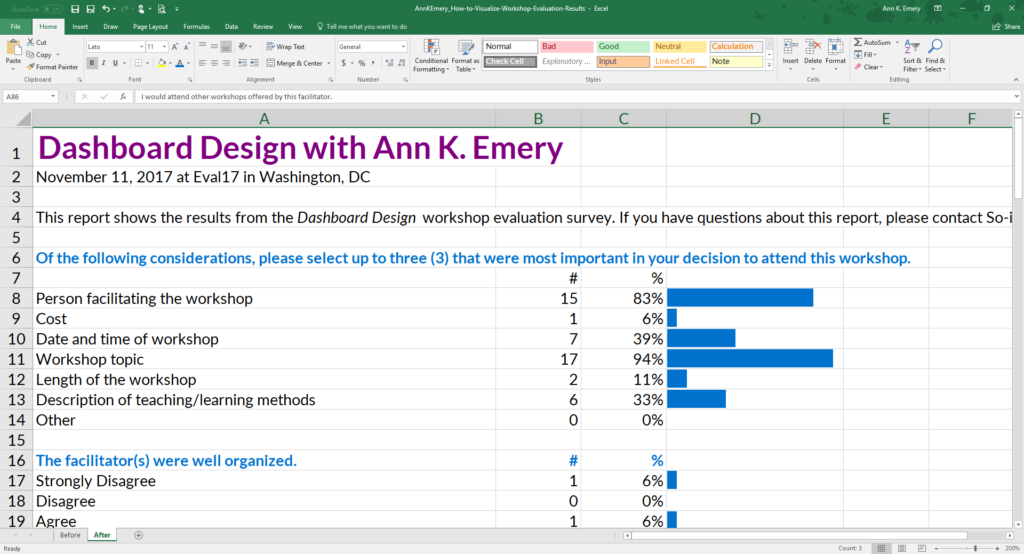 Brand with Customs Colors and Fonts Another common mistake that I see among aspiring data visualizers is when people think that adding their logo will sufficiently brand their document. Sure, you can add your logo to your report. Just make sure to place your logo in the lower corner—not in the top—so that it doesn’t distract from the report’s contents. In addition to using logos, your fonts and can reinforce your brand. For fonts, I’m using a combination of Lato Heavy and Lato Light. You would use your own fonts. You would also use your own colors, not mine. Learn how to read your organization’s style guide, locate your color codes with an eyedropper, or locate your color codes with Microsoft Paint. Then, enter your color codes in Excel or in Tableau.