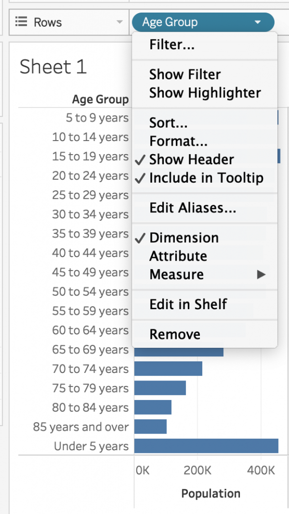 Now drag Age Group to Rows. You will want to click the arrow and uncheck Show Header.
