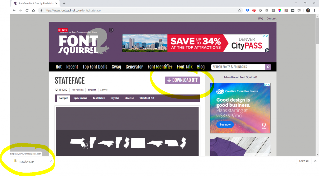 A screenshot showing the "Download OTF" button and the Zip folder that will start downloading onto your computer.