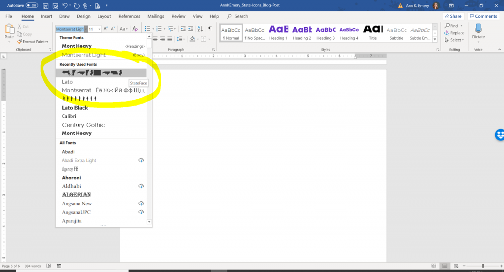 A screenshot of my Microsoft Word document with the StateFace font listed in the drop-down list of fonts.