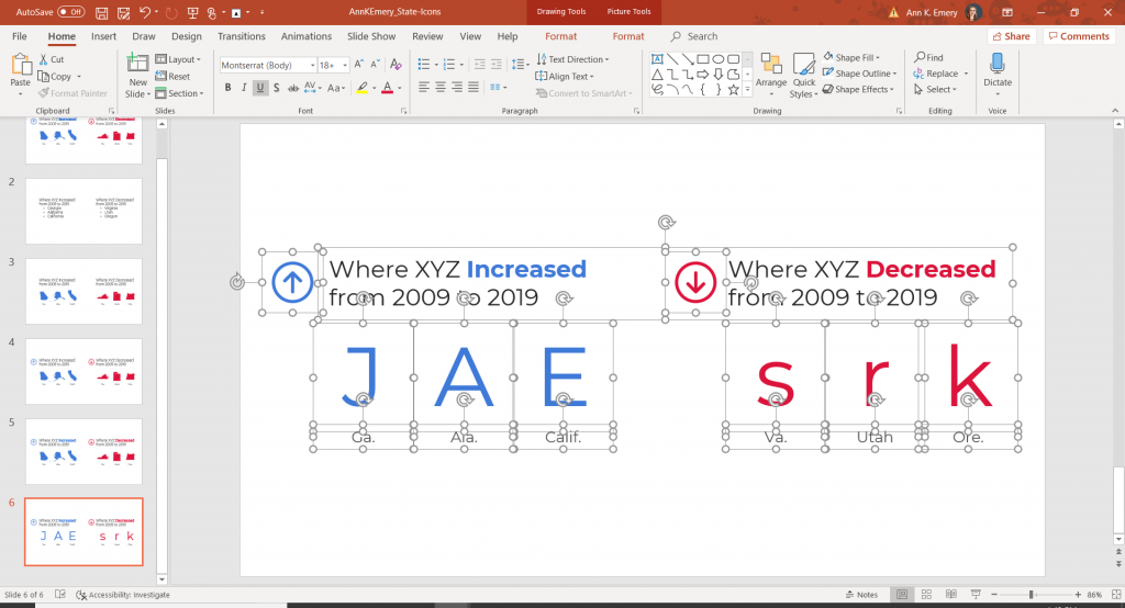 This is a screenshot from Microsoft PowerPoint, where I'm showing how I typed in the letters J, A, E into text boxes.