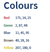 Example of a client colour scheme that outlines each specific color and its related number. 