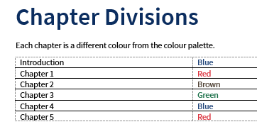 Example of a client chapter color scheme that shows which colors are associated with each chapter. 