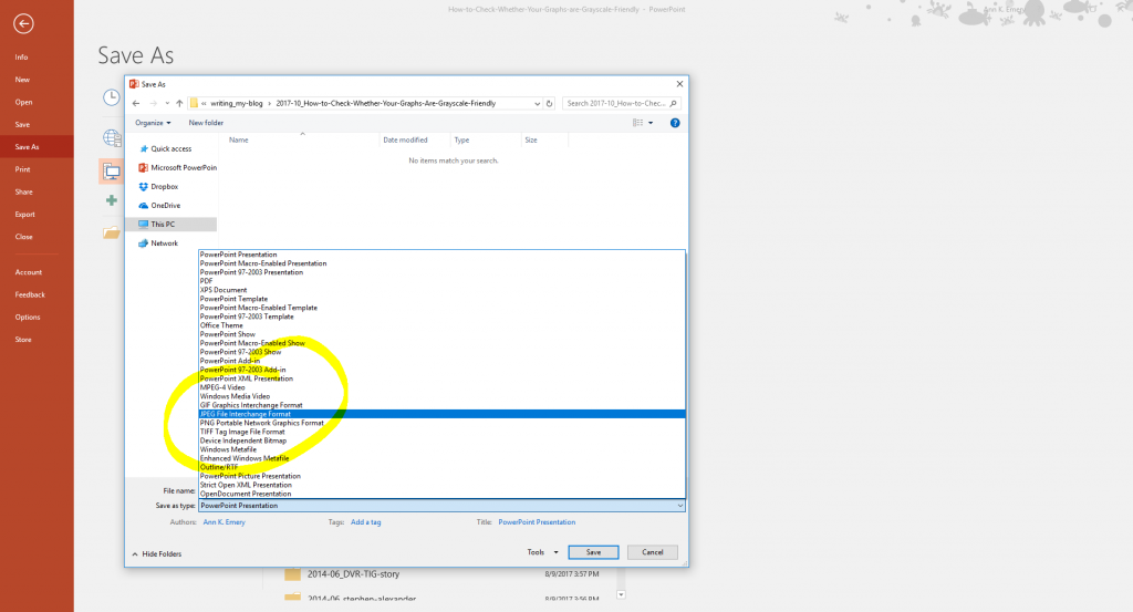 Now, save the graph (or the entire slide) as an image file. I went to Save As. Then, under Save as Type, I selected a JPEG file. It doesn’t matter which type of image file you select from this list; the graph or slide just needs to be an image.