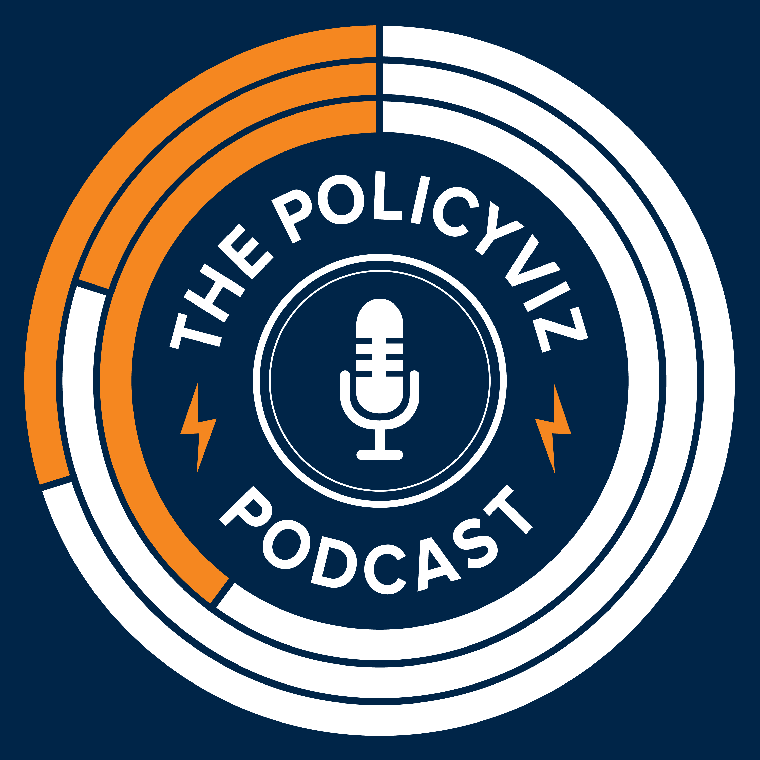 The PolicyViz podcast logo, which is navy, orange, and white, and features a microphone in the center.