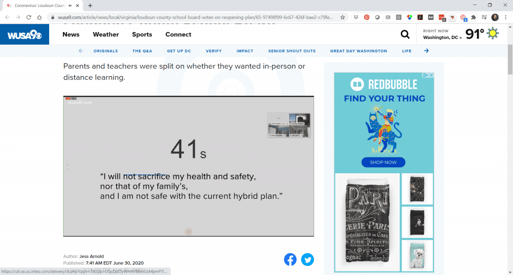 The news story used audio clips from the public comment portion of the school meeting, including one person's statement of, "I will not sacrifice my health and safety, nor that of my family's, and I am not safe with the current hybrid plan". 