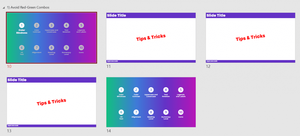 At the end of the Color Blindness section, we see the Table of Contents slide again. The presenter clicks on the second topic that the audience members wanted to talk about, and the links propel us to that segment of the presentation. 