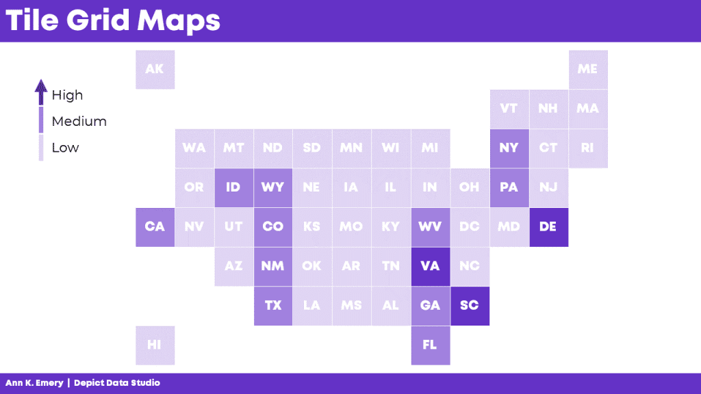 Square tile grid maps can help us overcome The Alaska Effect. Every location is the same shape and size, so now our audience only has to look at color.