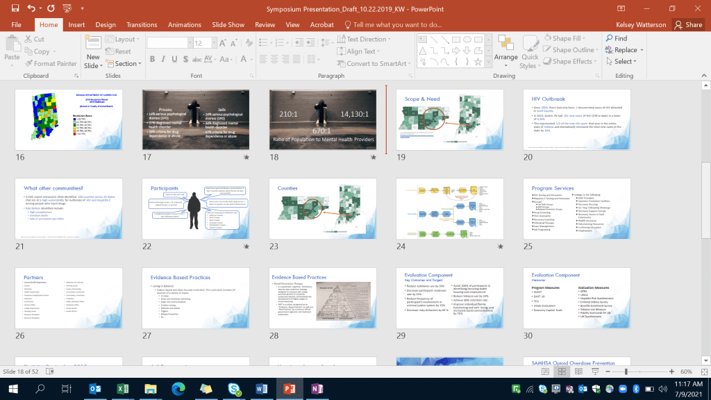 Here's a presentation I did at the Indiana 10th Annual Drug Symposium in 2019 over an offender reentry grant I was evaluating.