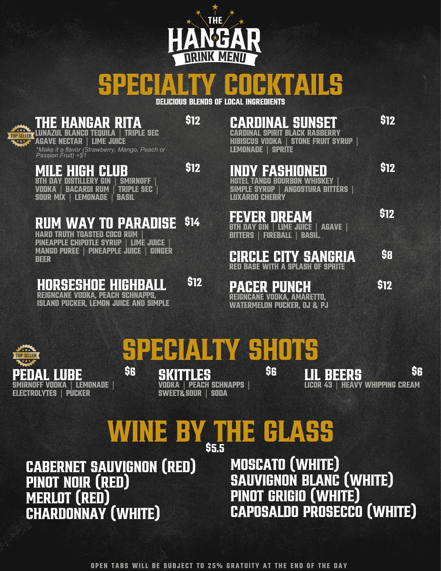 Hangar Cocktail and draft drink menu april 2026