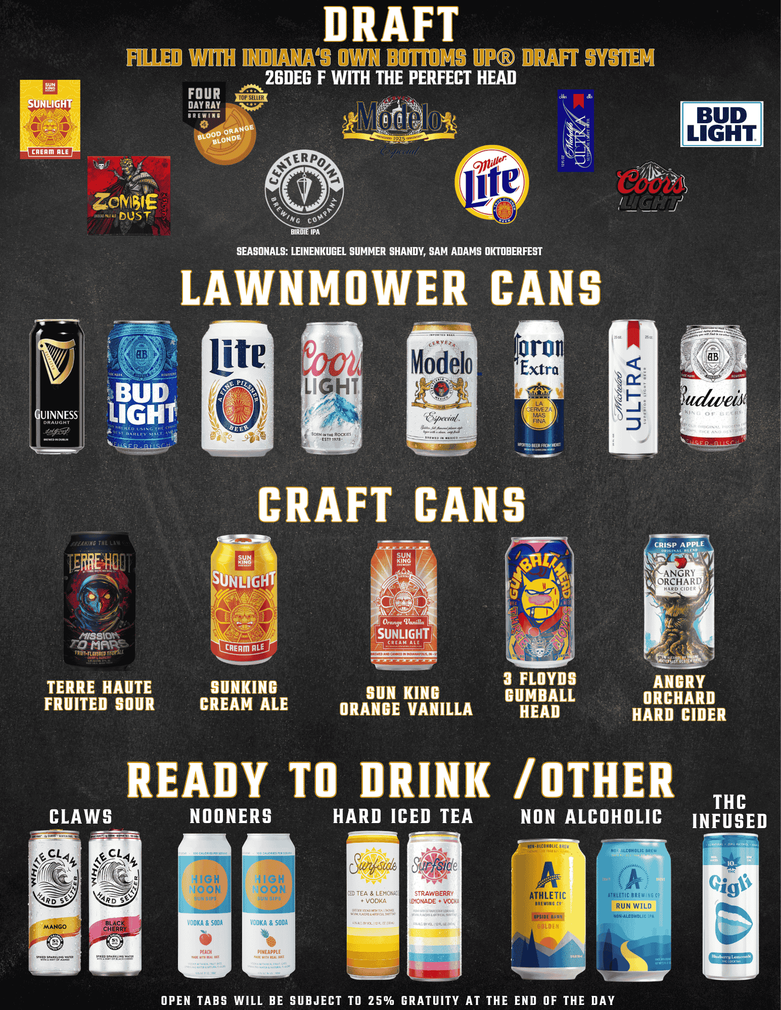 Hangar Cans Menu Draft Bottoms Up Coldest Beer in Indiana