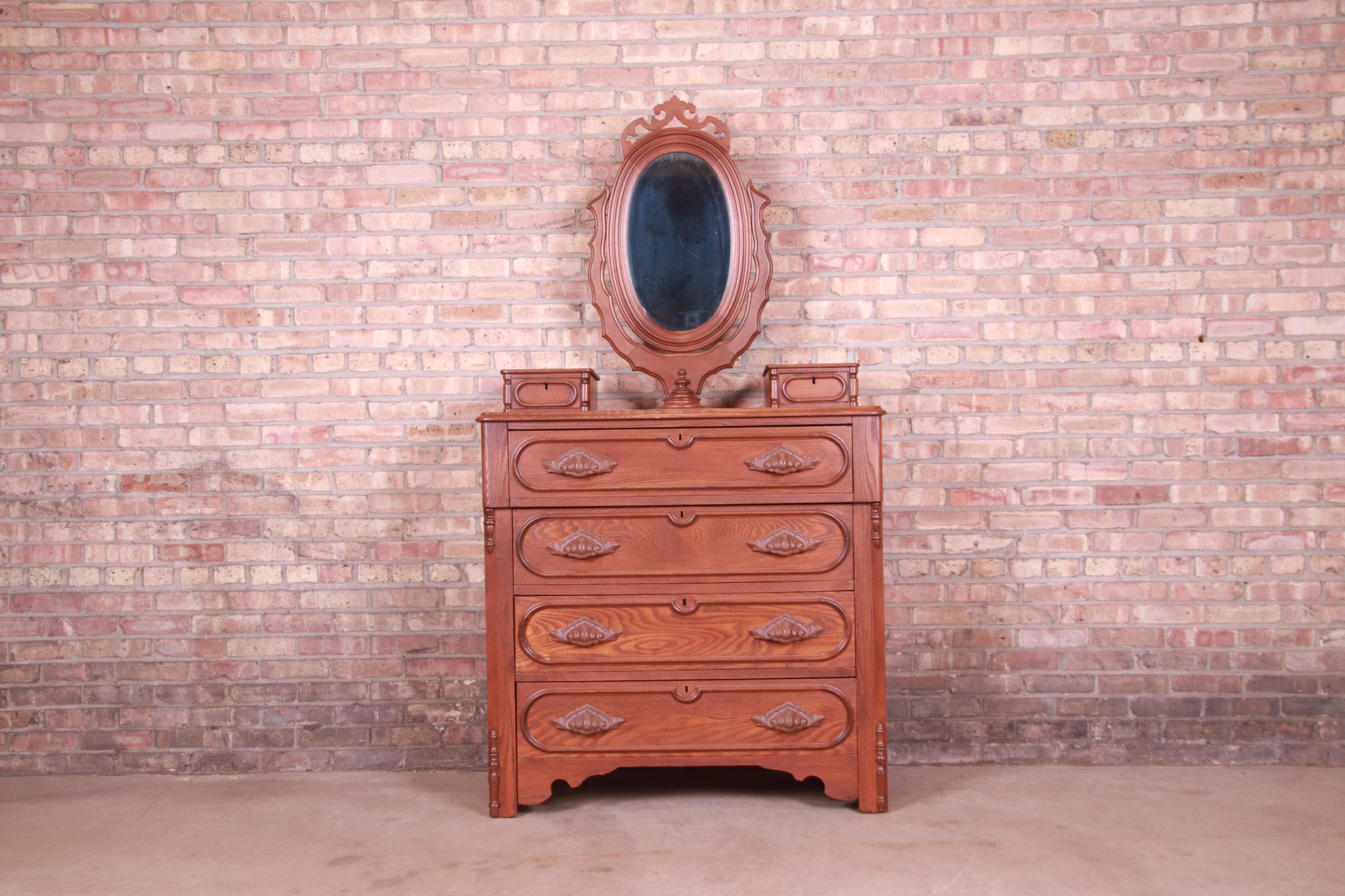 Antique Victorian Carved Oak Dresser With Mirror, Circa 1880s LIBERTY