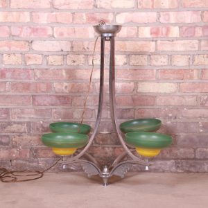 Art Deco Chrome Chandelier With Painted Blown Glass Shades, Circa 1930s