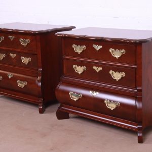 Baker Furniture Burl Wood and Walnut Bombay Form Bedside Chests, Newly Refinished