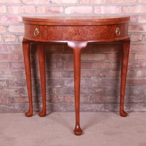 Baker Furniture Burled Walnut Queen Anne Flip Top Demilune Console Table, Newly Refinished