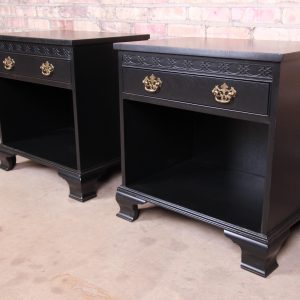 Baker Furniture Chippendale Black Lacquered Nightstands, Newly Refinished