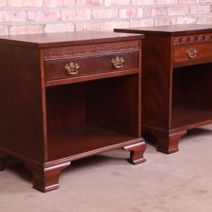 Baker Furniture Chippendale Carved Mahogany Nightstands, Newly Refinished