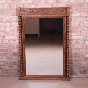 Baker Furniture English Barley Twist Carved Oak Framed Wall Mirror, Circa 1960s