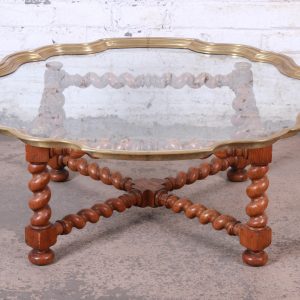 Baker Furniture English Barley Twist Oak, Brass, and Glass Cocktail Table