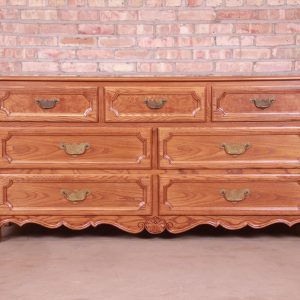 Baker Furniture French Provincial Carved Oak and Burl Wood Dresser, Newly Refinished
