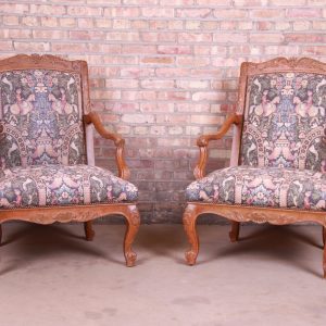 Baker Furniture French Provincial Louis XV Ornate Carved Fauteuils, Pair