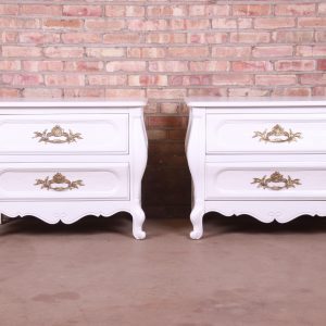 Baker Furniture French Provincial Louis XV White Lacquered Nightstands, Newly Refinished