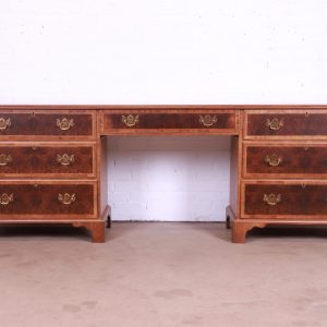 Baker Furniture Georgian Burled Walnut Executive Credenza Desk, Newly Refinished