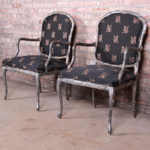 Baker Furniture Louis XV Silver Gilt Fauteuils, Pair