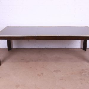 Bernhard Rohne for Mastercraft Burl Wood and Acid Etched Brass Extension Dining Table, Newly Refinished