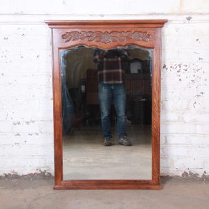 French Provincial Louis XV Carved Oak Framed Wall Mirror by Hickory
