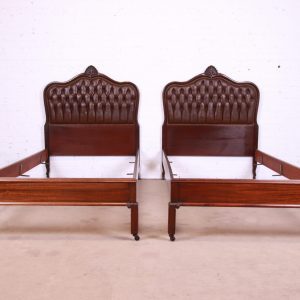 French Provincial Louis XV Mahogany and Tufted Leather Twin Beds, Pair
