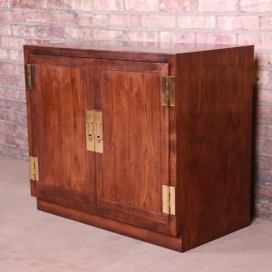 Henredon Hollywood Regency Campaign Oak and Brass Bar Cabinet