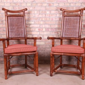 Henry Olko for Willow and Reed Pagoda Collection Sculpted Rattan and Cane Throne Chairs, Fully Restored