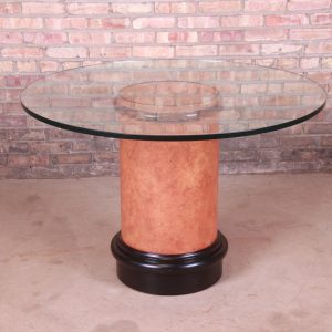 Karl Springer Style Modern Burl Wood Glass Top Pedestal Dining or Center Table, Circa 1970s