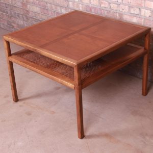 Michael Taylor for Baker Furniture Cherry Wood and Cane Two-Tier Coffee Table, Newly Refinished