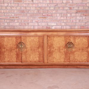 Raymond Sobota for Century Hollywood Regency Chinoiserie Burl Wood Sideboard Credenza, Newly Refinished