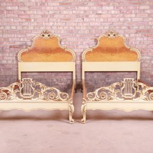 Romweber French Rococo Louis XV Burl Wood and Parcel Painted Twin Beds, Pair