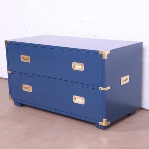 1960s Henredon Mid-Century Hollywood Regency Campaign Style Blue Lacquered Chest of Drawers, Newly Refinished