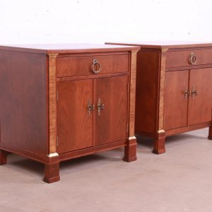 Baker Furniture French Empire Cherry and Burl Wood Nightstands, Newly Refinished