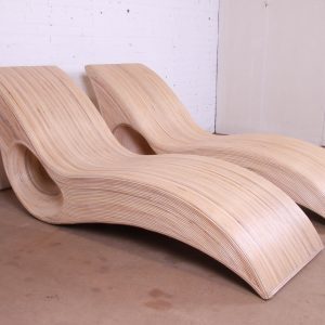 Betty Cobonpue Sculptural Split Reed Rattan Chaise Lounges, Pair