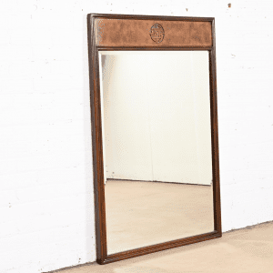 Drexel Heritage Hollywood Regency Chinoiserie Walnut and Burl Wood Wall Mirror
